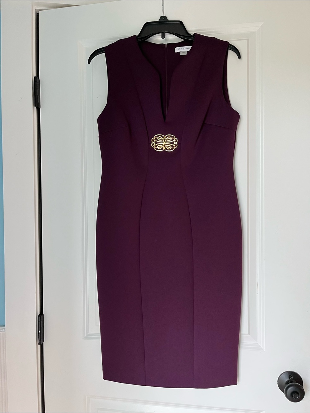 Calvin Klein Plum Sheath Dress with Gold Emblem